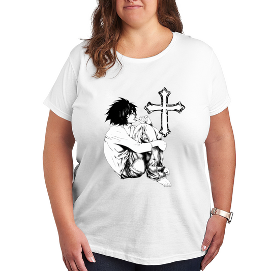 Gothic Anime Boy Cross Black White Sketch Plus Size Women Printed T-Shirt