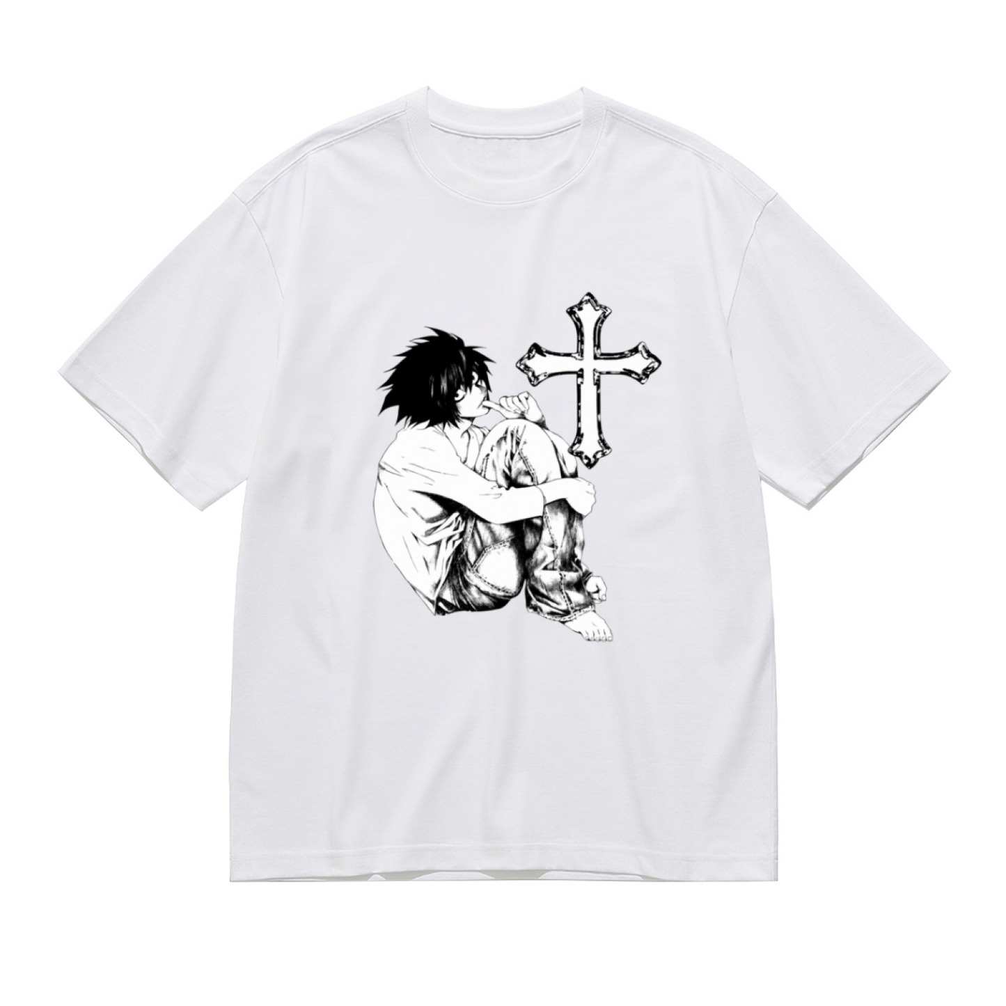Gothic Anime Boy Cross Black White Sketch Plus Size Women Printed T-Shirt
