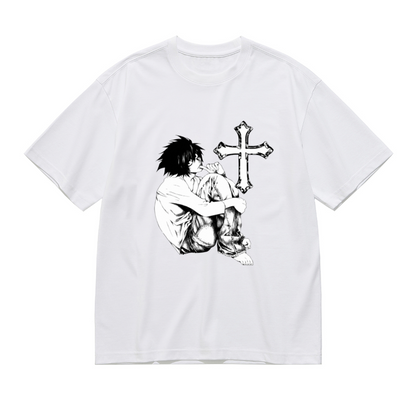 Gothic Anime Boy Cross Black White Sketch Plus Size Women Printed T-Shirt