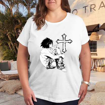 Gothic Anime Boy Cross Black White Sketch Plus Size Women Printed T-Shirt