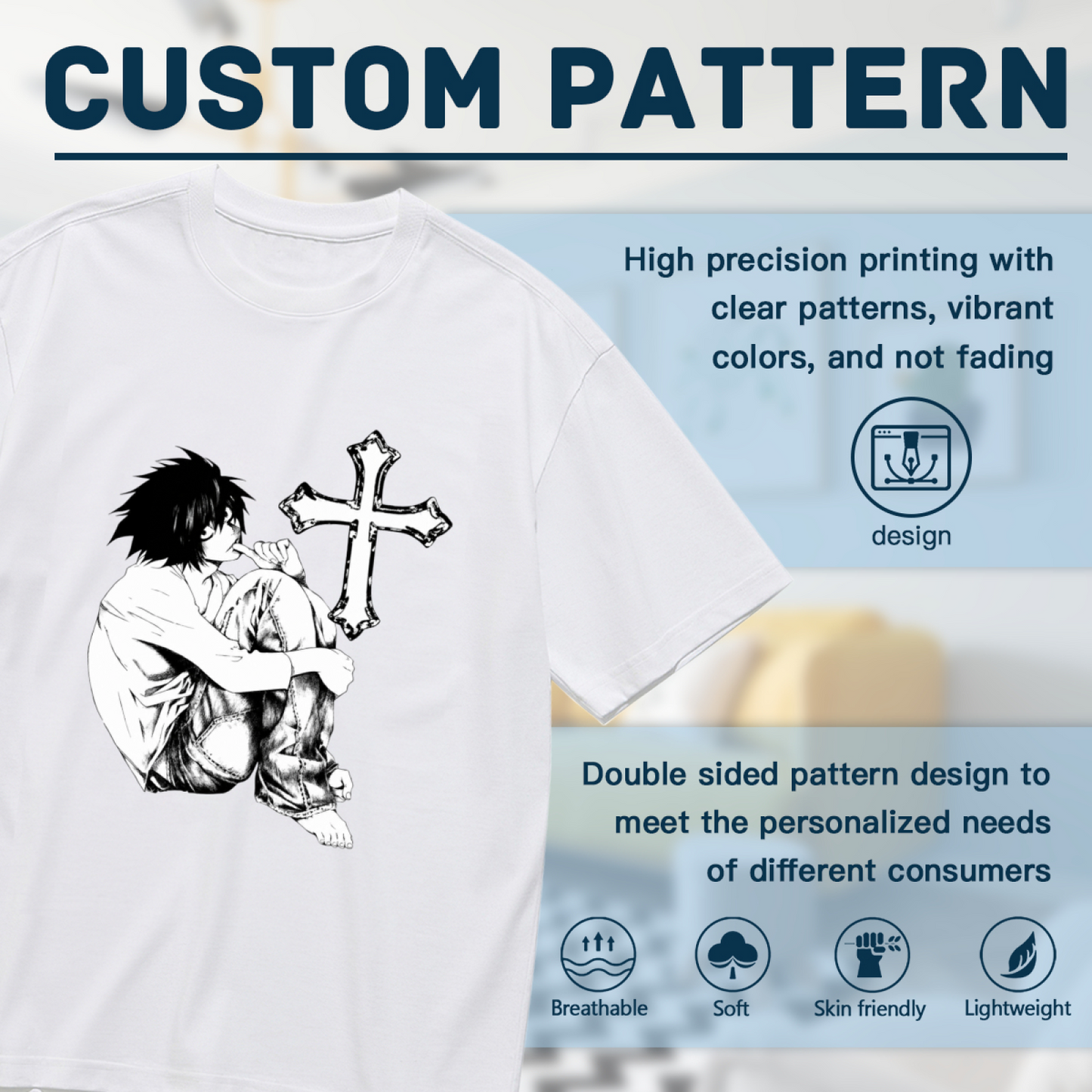 Gothic Anime Boy Cross Black White Sketch Plus Size Women Printed T-Shirt