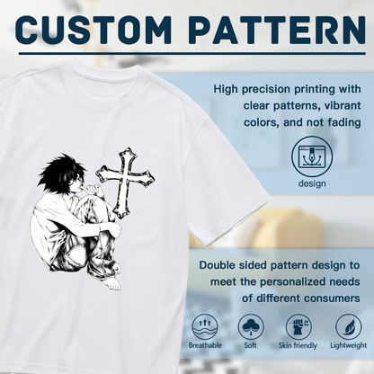 Gothic Anime Boy Cross Black White Sketch Plus Size Women Printed T-Shirt