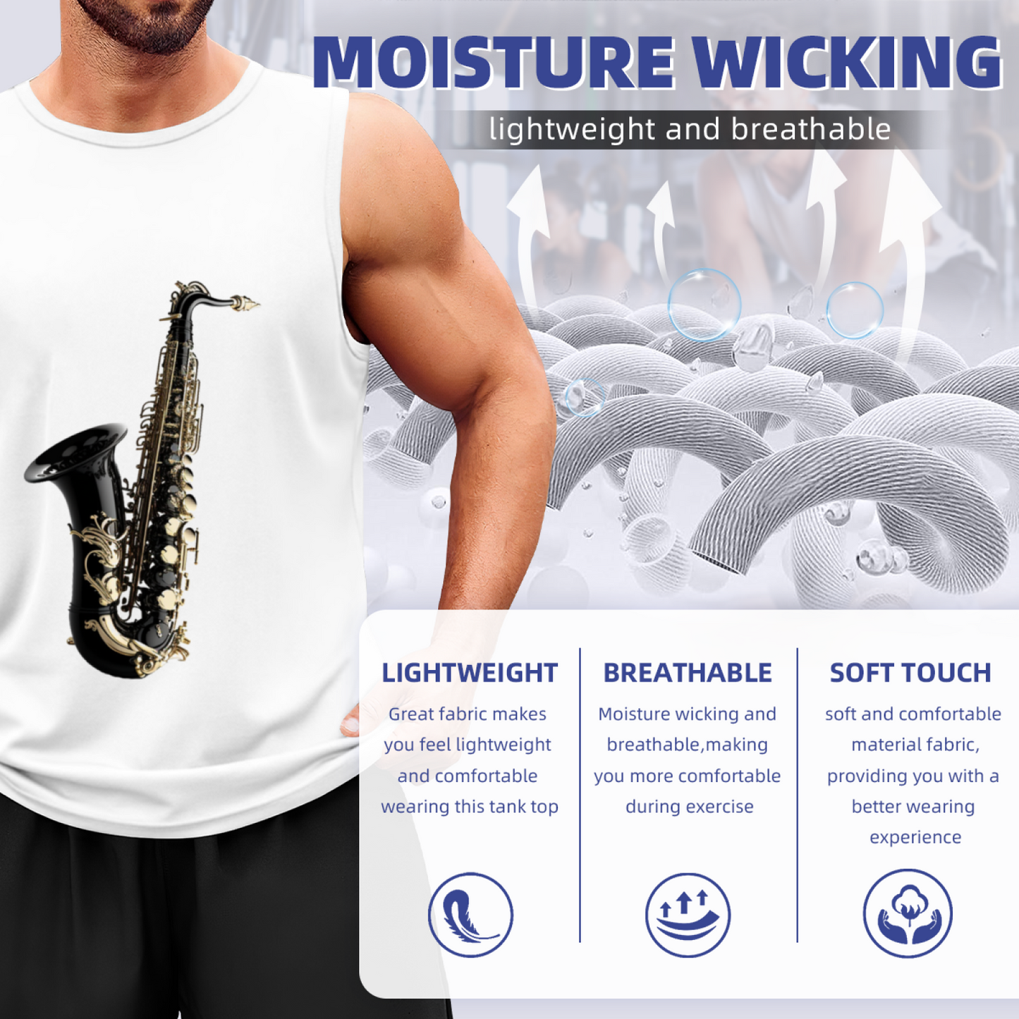 Realistic Black Gold Saxophone Musician Men Sleeveless Tank