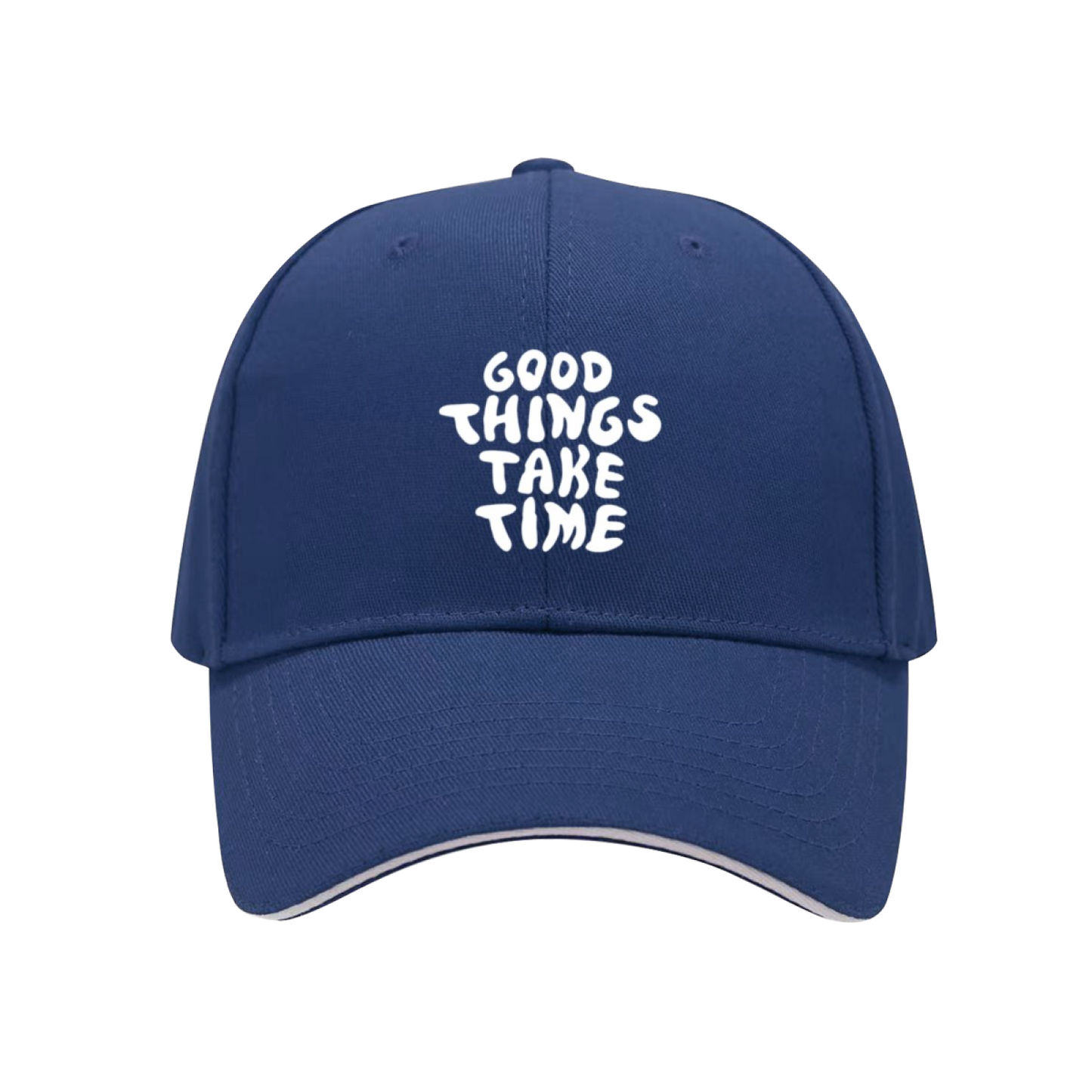 Good Things Take Time Cute Handwritten Navy Sandwich Baseball Cap, Inspirational Casual Hat