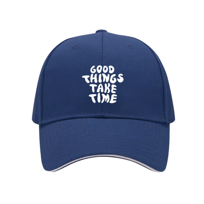 Good Things Take Time Cute Handwritten Navy Sandwich Baseball Cap, Inspirational Casual Hat