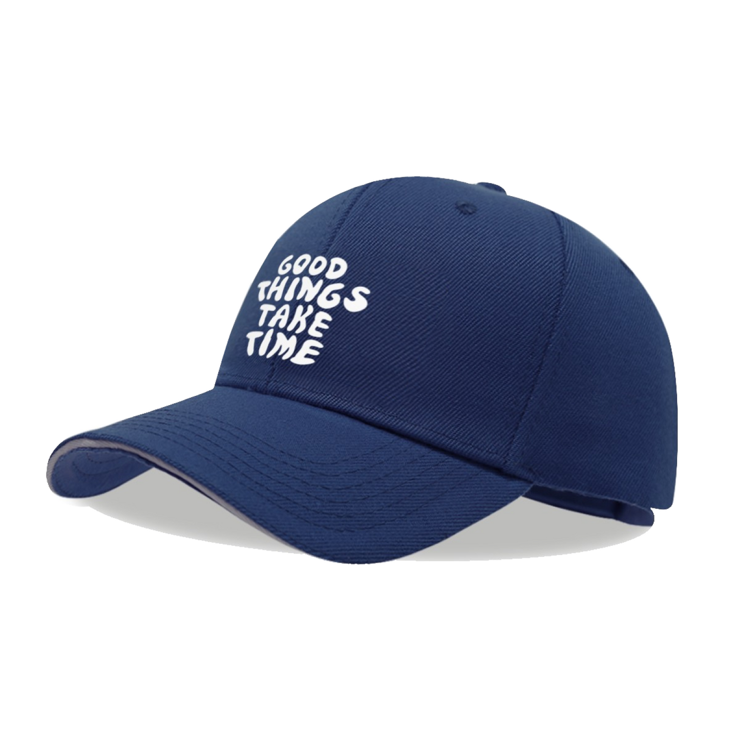 Good Things Take Time Cute Handwritten Navy Sandwich Baseball Cap, Inspirational Casual Hat