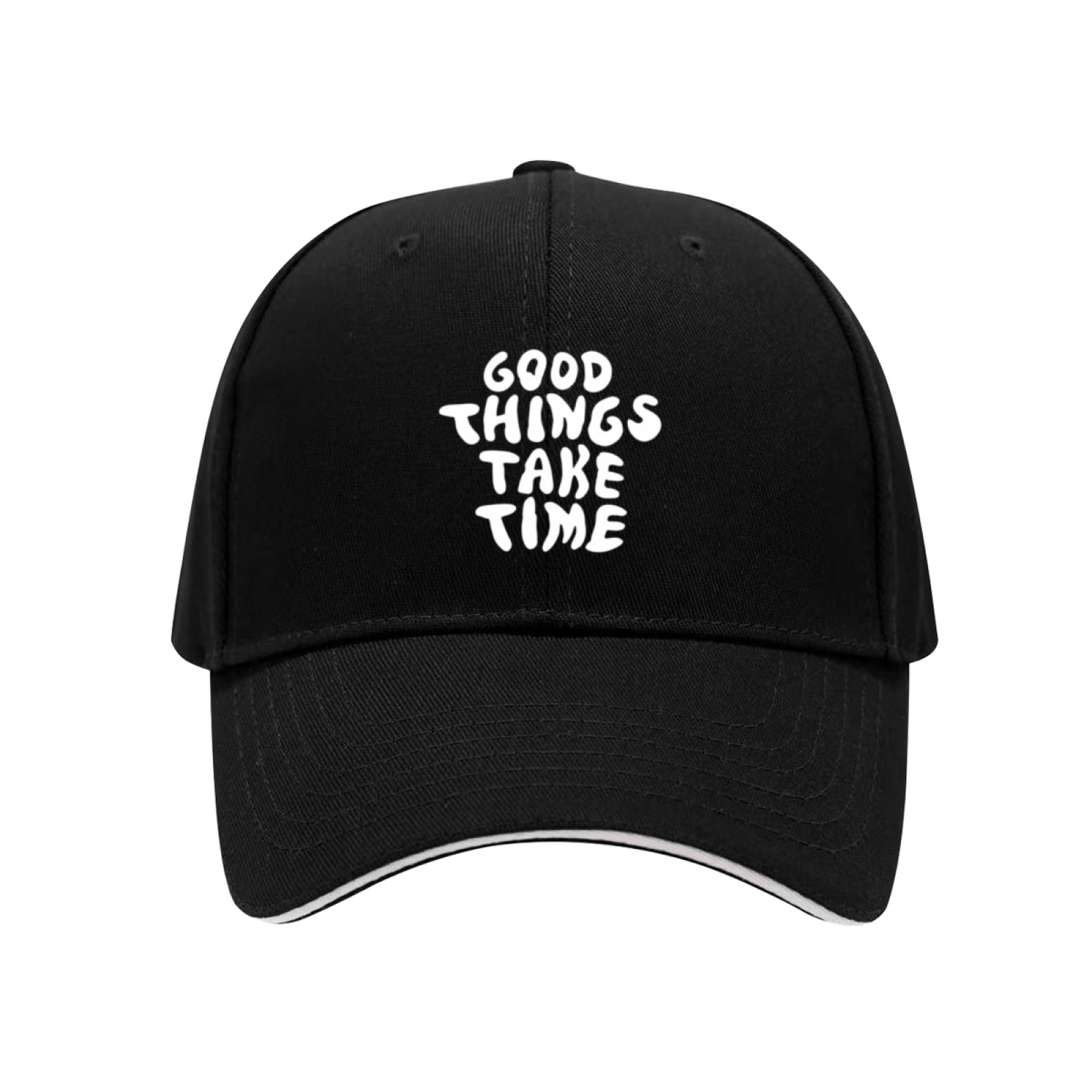 Good Things Take Time Cute Handwritten Navy Sandwich Baseball Cap, Inspirational Casual Hat