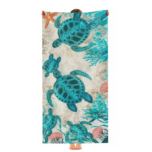 Retro Vintage Seashell Coral Sea Turtle Beach Towel, Fluffy Cloud Soft & Efficient Water Absorbing, Multiple Lengths Optional, Comfortable Boho Coastal Style Beach Towel