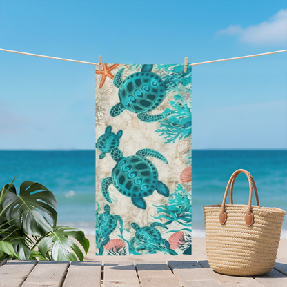 Retro Vintage Seashell Coral Sea Turtle Beach Towel, Fluffy Cloud Soft & Efficient Water Absorbing, Multiple Lengths Optional, Comfortable Boho Coastal Style Beach Towel
