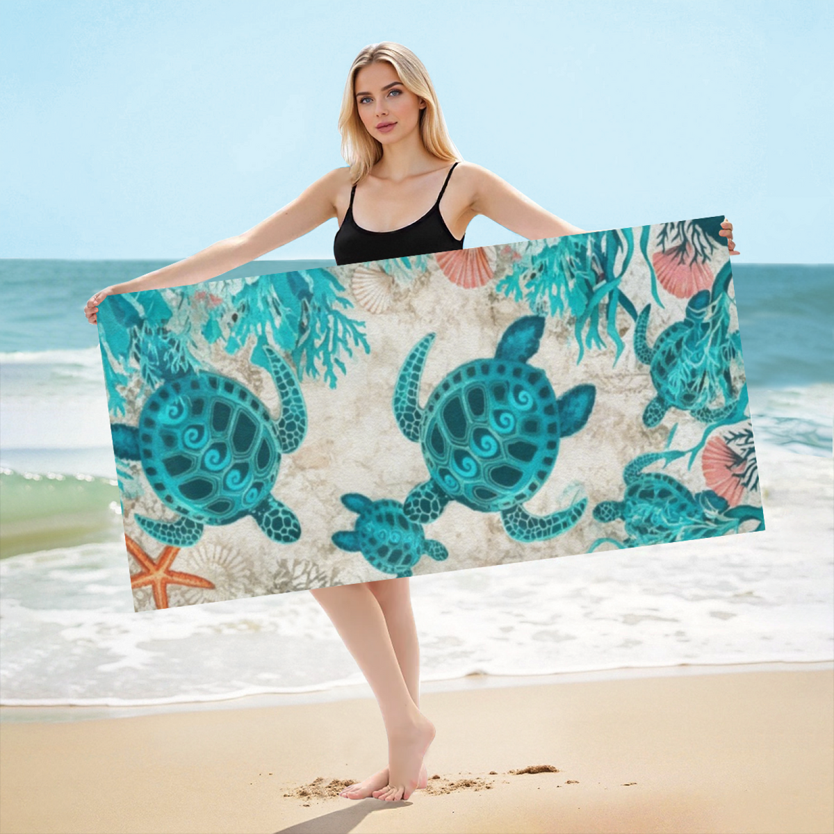 Retro Vintage Seashell Coral Sea Turtle Beach Towel, Fluffy Cloud Soft & Efficient Water Absorbing, Multiple Lengths Optional, Comfortable Boho Coastal Style Beach Towel