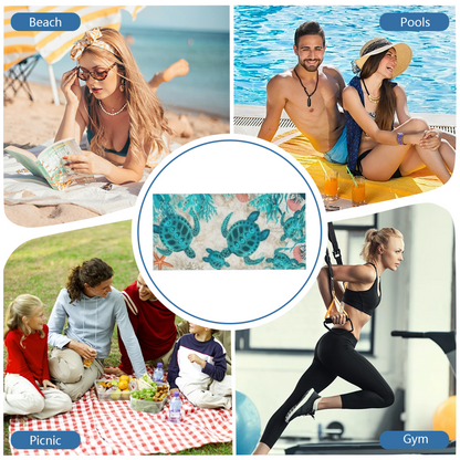 Retro Vintage Seashell Coral Sea Turtle Beach Towel, Fluffy Cloud Soft & Efficient Water Absorbing, Multiple Lengths Optional, Comfortable Boho Coastal Style Beach Towel