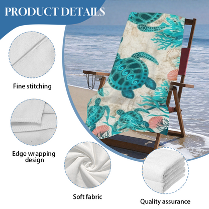 Retro Vintage Seashell Coral Sea Turtle Beach Towel, Fluffy Cloud Soft & Efficient Water Absorbing, Multiple Lengths Optional, Comfortable Boho Coastal Style Beach Towel