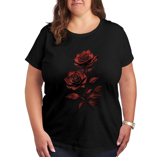 Vintage Red Lace Texture Twin Roses Minimal Art Plus Size Ladies Graphic Tee