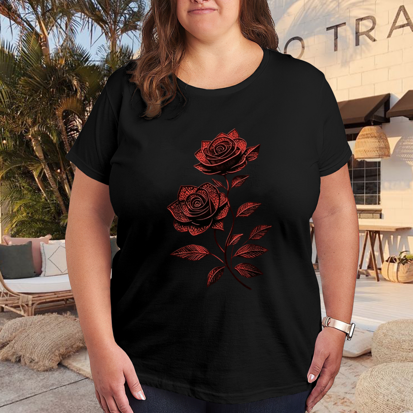 Vintage Red Lace Texture Twin Roses Minimal Art Plus Size Ladies Graphic Tee