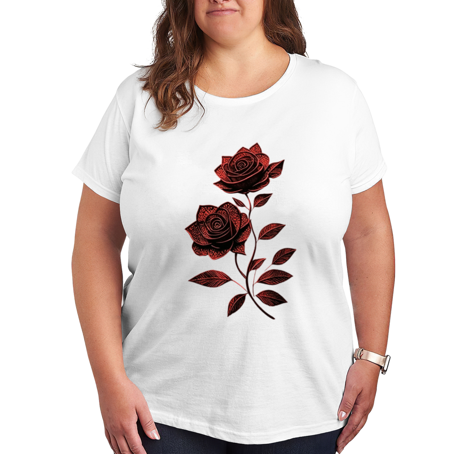 Vintage Red Lace Texture Twin Roses Minimal Art Plus Size Ladies Graphic Tee