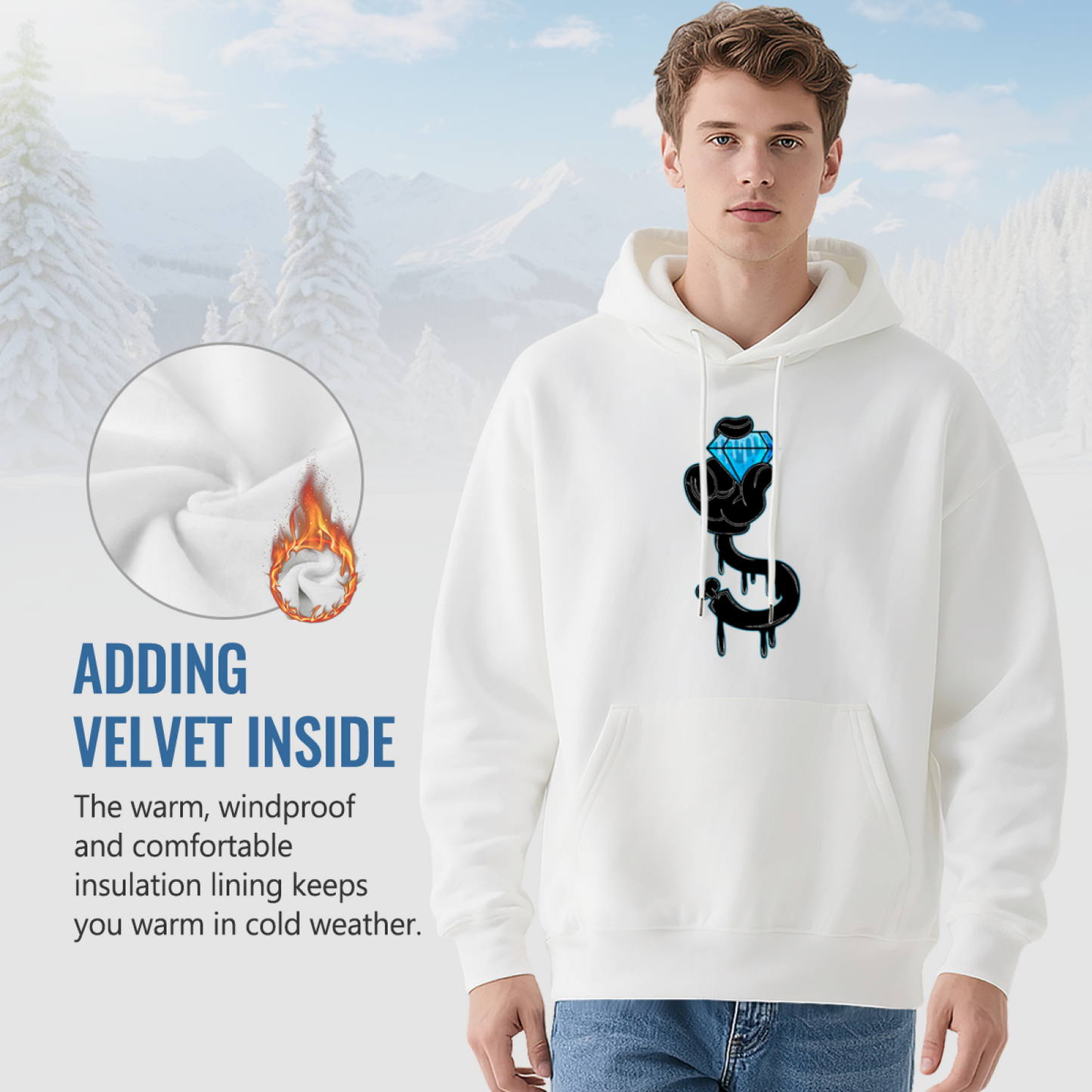 Drip Diamond Cool Street Graphic Hoodie, Trendy Soft White Sweatshirt