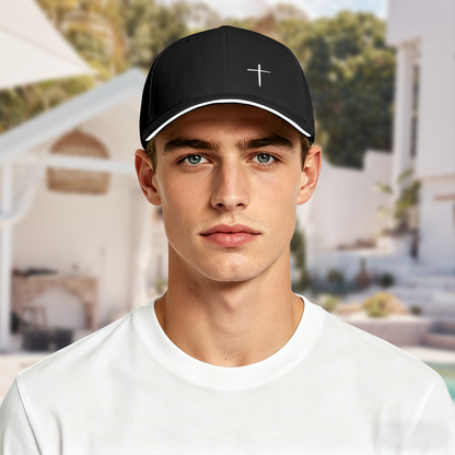 Minimal White Cross Simple Print Black Sandwich Visor Baseball Cap, Faith Religious Hat