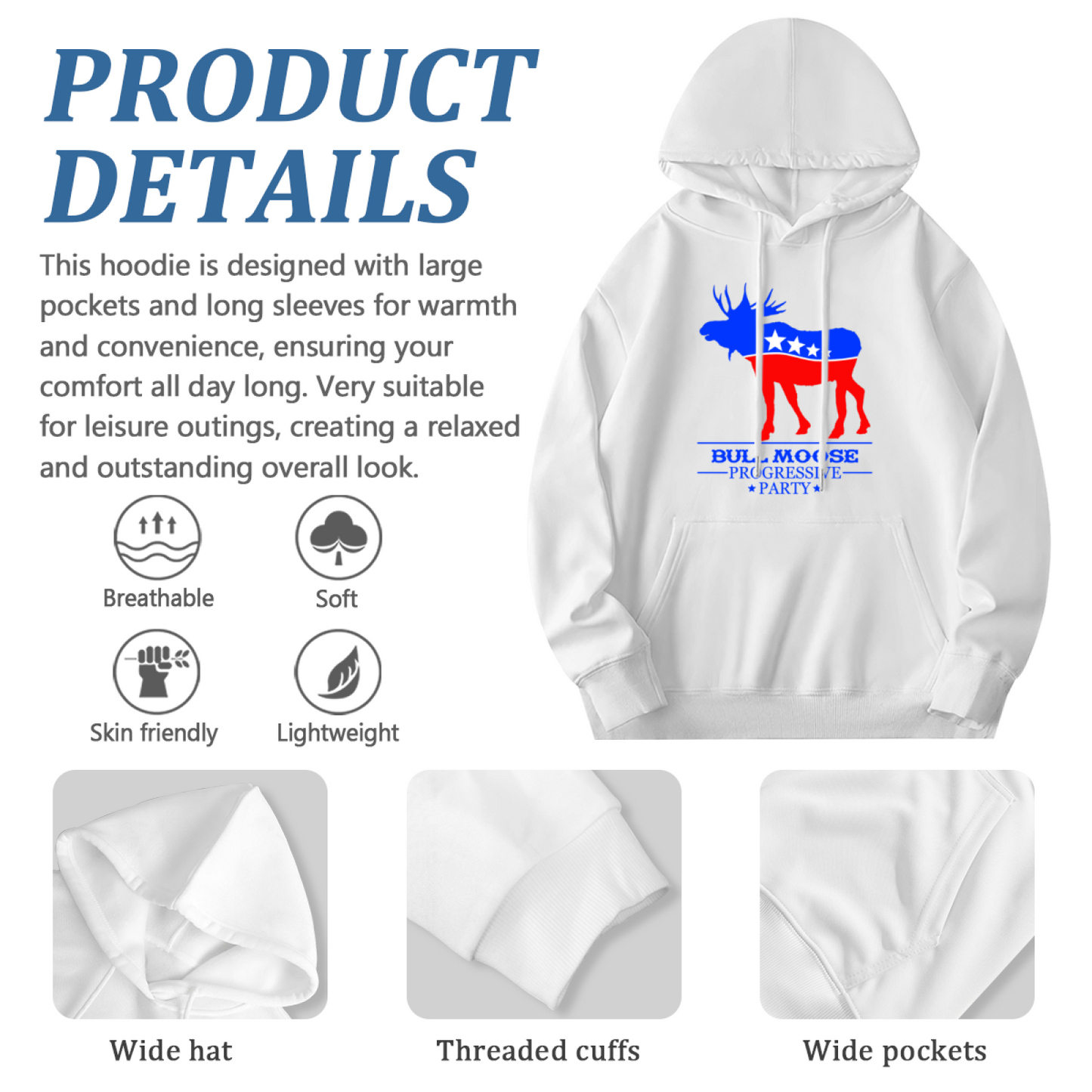 Bull Moose Progressive Party Vintage Patriotic White Hoodie, Relax Comfort Fit