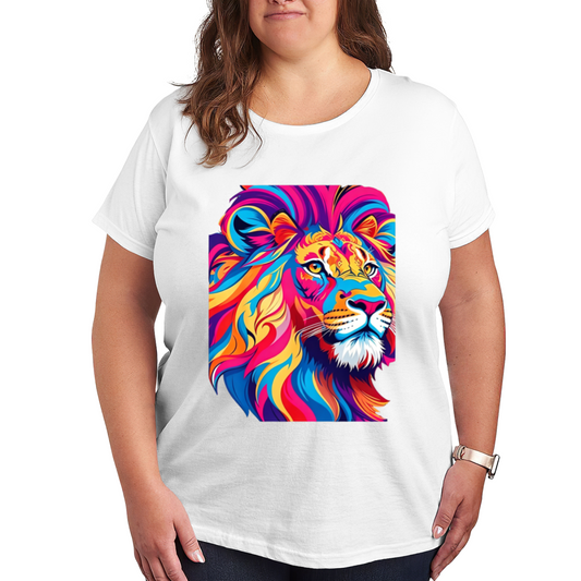 Bold Pop Art Colorful Lion Head Vibrant Graphic Plus Size Women Printed T-Shirt