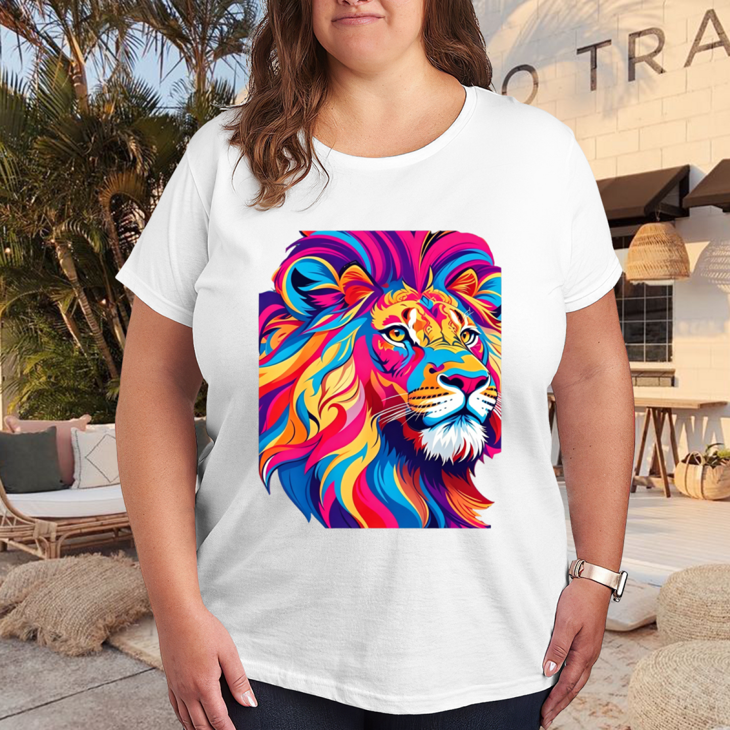 Bold Pop Art Colorful Lion Head Vibrant Graphic Plus Size Women Printed T-Shirt