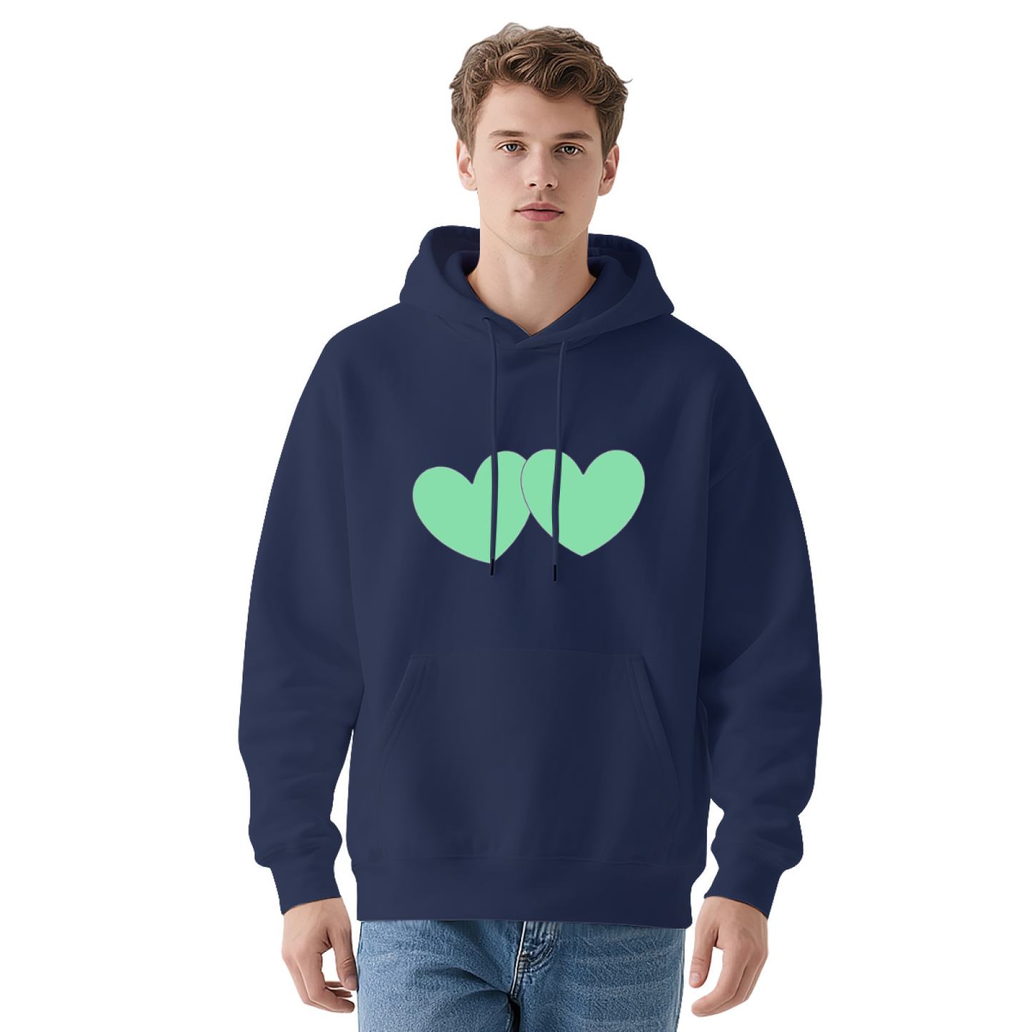 Two Mint Green Simple Hearts Grey Hoodie, Unisex Sweet Comfort Casual Hoodie
