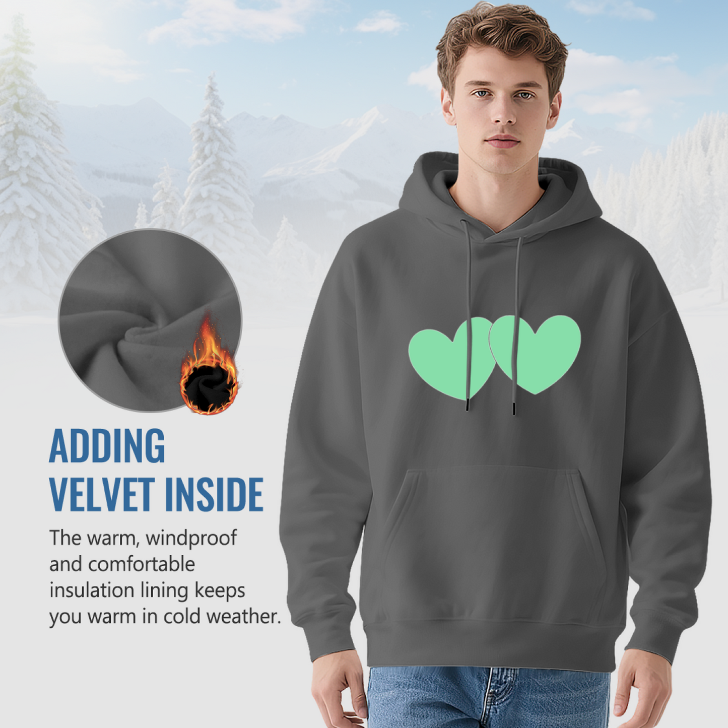 Two Mint Green Simple Hearts Grey Hoodie, Unisex Sweet Comfort Casual Hoodie