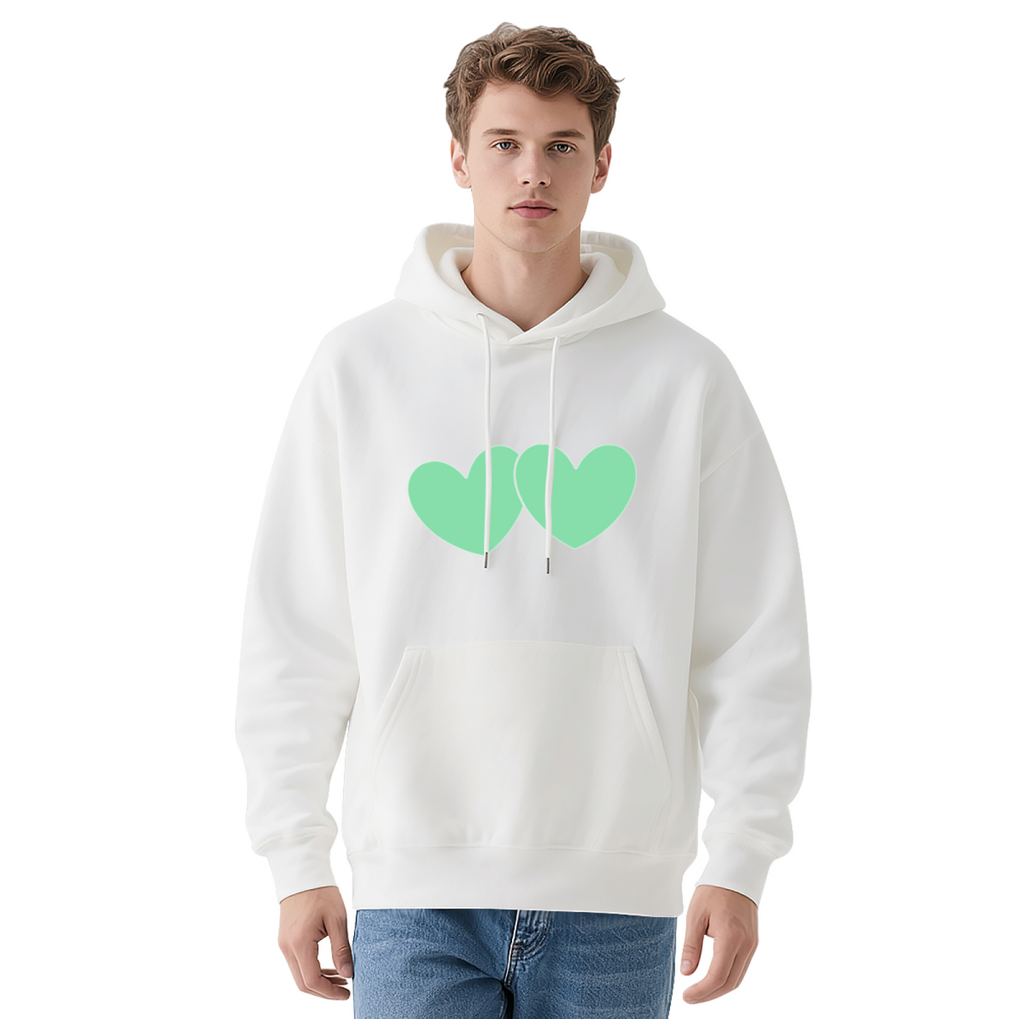 Two Mint Green Simple Hearts Grey Hoodie, Unisex Sweet Comfort Casual Hoodie