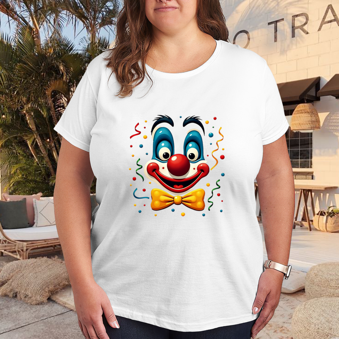 Playful Circus Clown Colorful Confetti Fun Cartoon Print Plus Size Women¡¯s T-Shirt