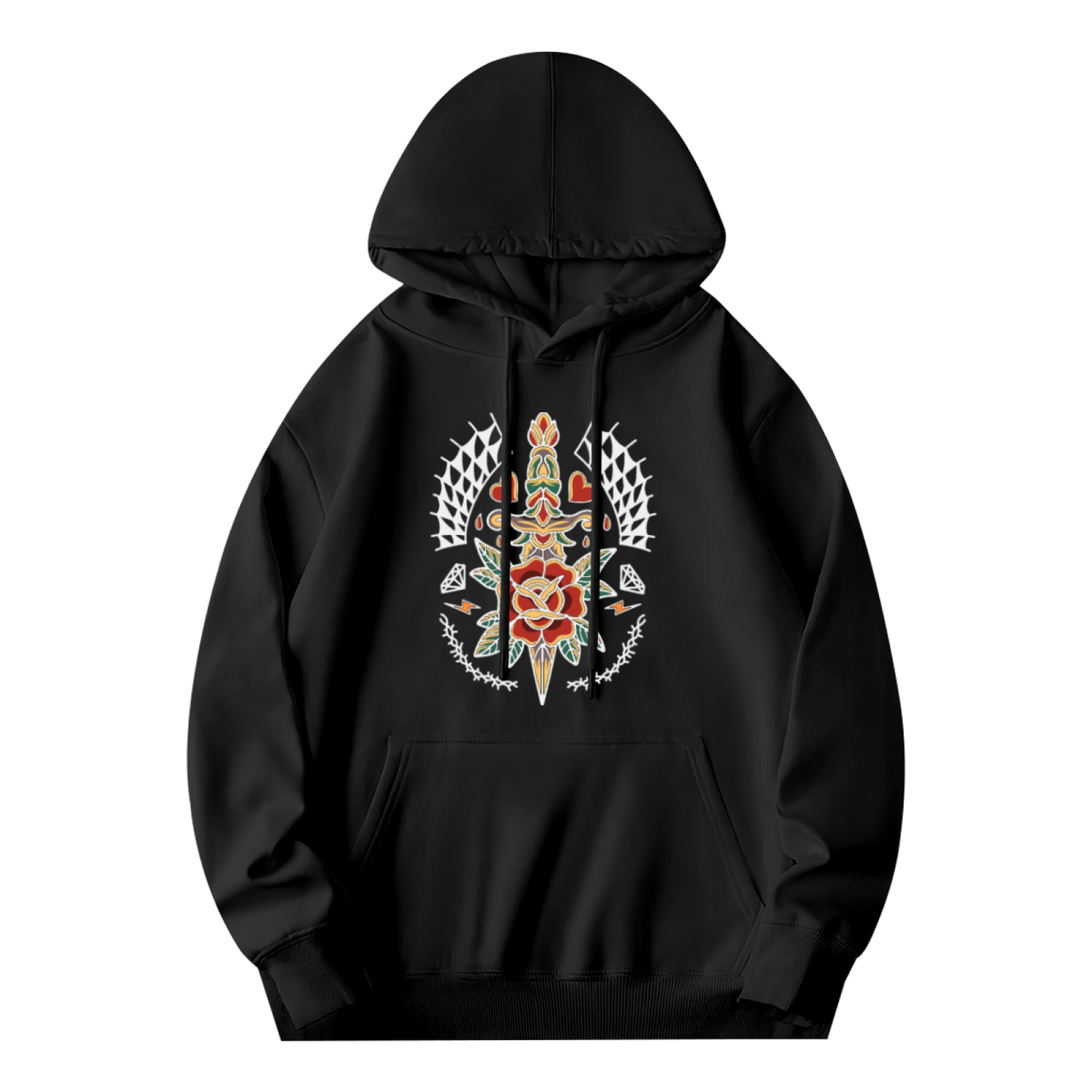 Traditional Tattoo Rose Dagger Black Hoodie, Soft Edgy Unisex Street Hooded Sweatshirt