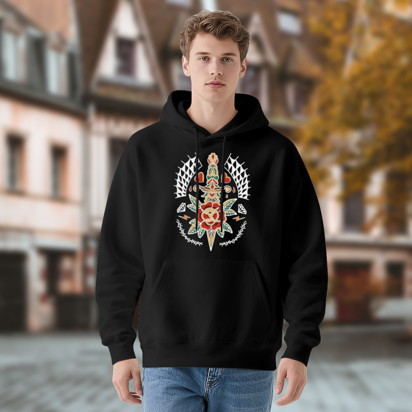 Traditional Tattoo Rose Dagger Black Hoodie, Soft Edgy Unisex Street Hooded Sweatshirt