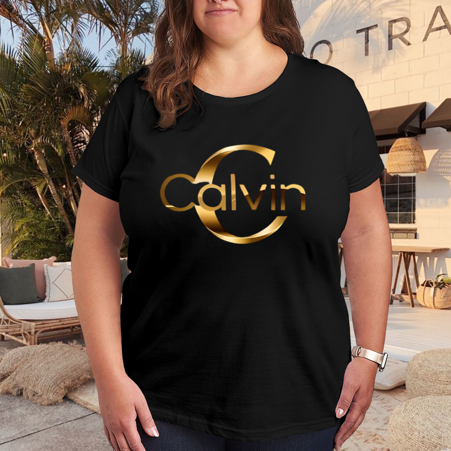 Luxury Golden Calvin Letter Minimalist Plus Size Women Printed T-Shirt