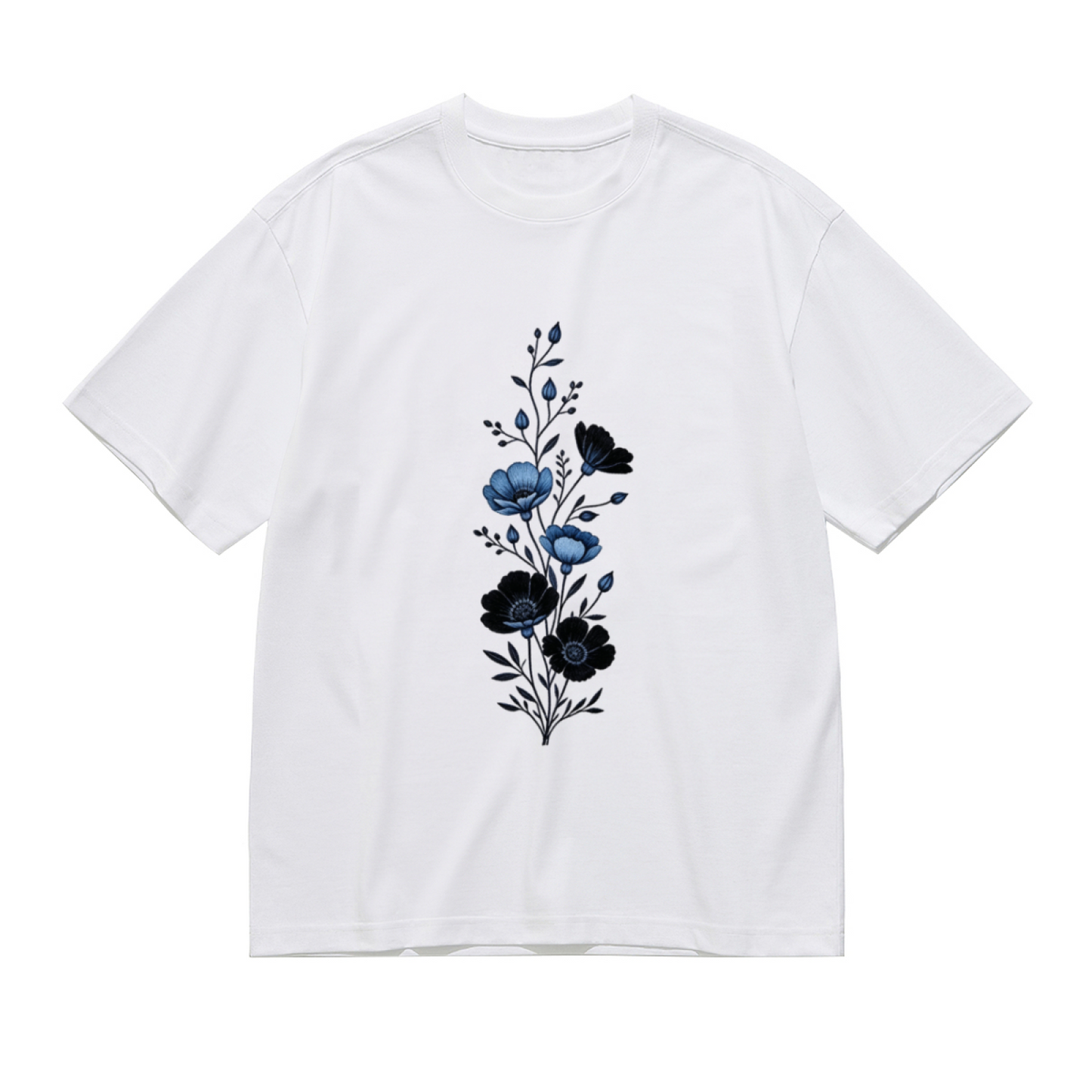 Monochrome Blue Wildflower Vertical Branch Plus Size Ladies Printed Tee