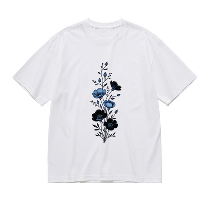 Monochrome Blue Wildflower Vertical Branch Plus Size Ladies Printed Tee