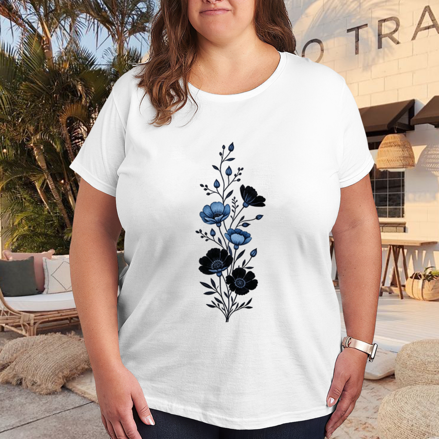 Monochrome Blue Wildflower Vertical Branch Plus Size Ladies Printed Tee