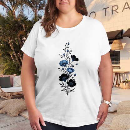 Monochrome Blue Wildflower Vertical Branch Plus Size Ladies Printed Tee