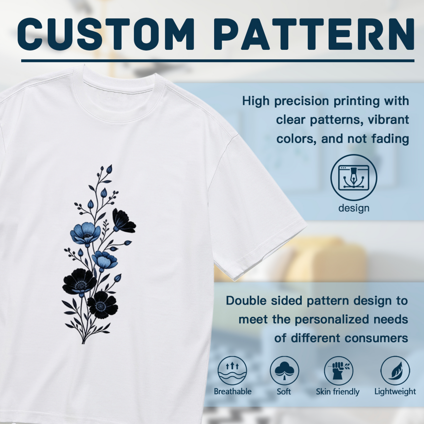 Monochrome Blue Wildflower Vertical Branch Plus Size Ladies Printed Tee