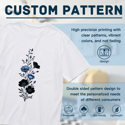Monochrome Blue Wildflower Vertical Branch Plus Size Ladies Printed Tee