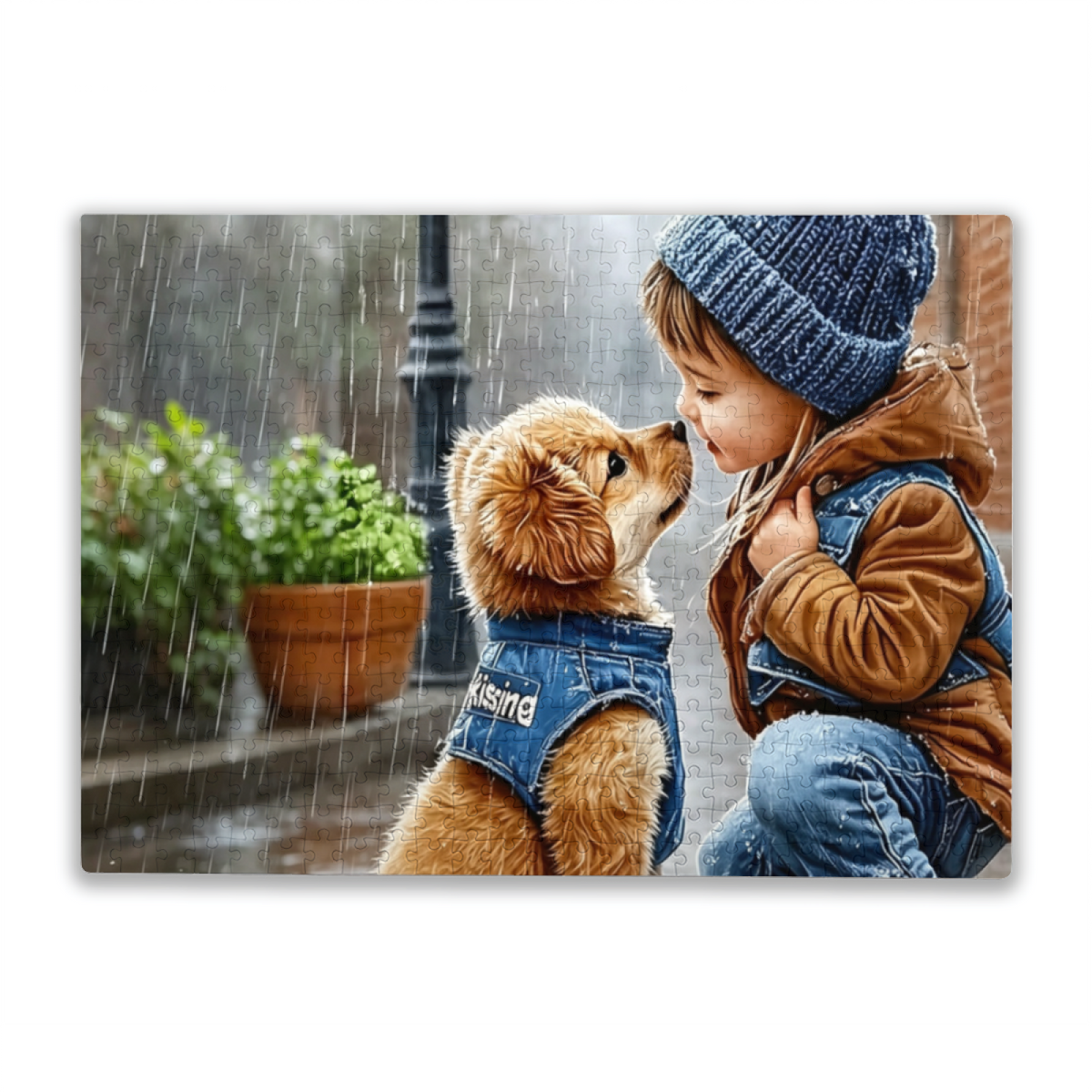 Tender Rainy Day Little Girl & Golden Puppy Warm Moment Puzzle | 300/500/1000 Pieces