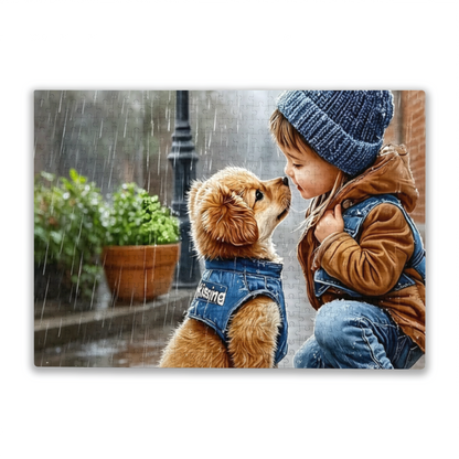 Tender Rainy Day Little Girl & Golden Puppy Warm Moment Puzzle | 300/500/1000 Pieces