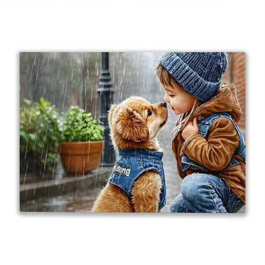 Tender Rainy Day Little Girl & Golden Puppy Warm Moment Puzzle | 300/500/1000 Pieces
