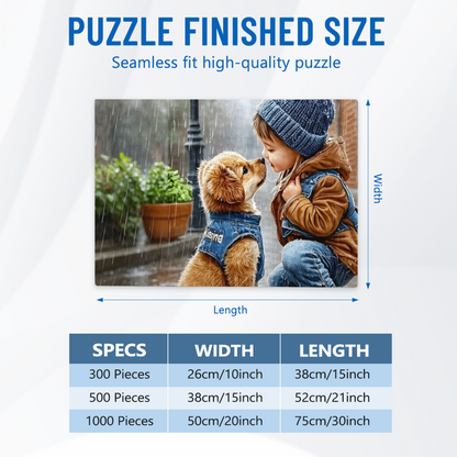 Tender Rainy Day Little Girl & Golden Puppy Warm Moment Puzzle | 300/500/1000 Pieces