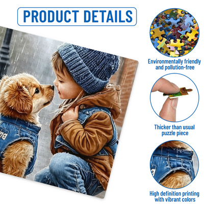 Tender Rainy Day Little Girl & Golden Puppy Warm Moment Puzzle | 300/500/1000 Pieces