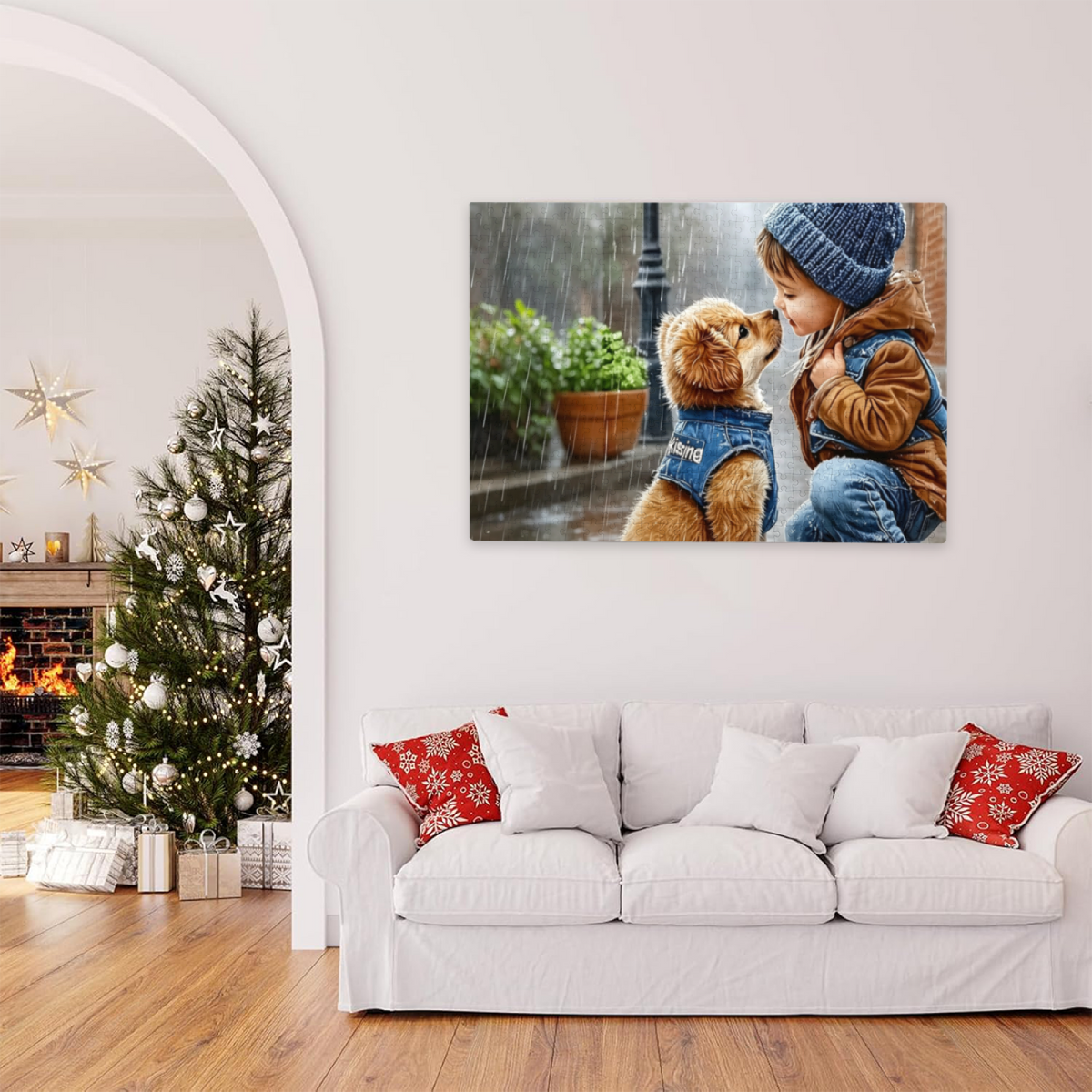 Tender Rainy Day Little Girl & Golden Puppy Warm Moment Puzzle | 300/500/1000 Pieces