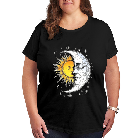 Aesthetic Sun Moon Face Cosmic Starry Sky Art Plus Size Black T-Shirt