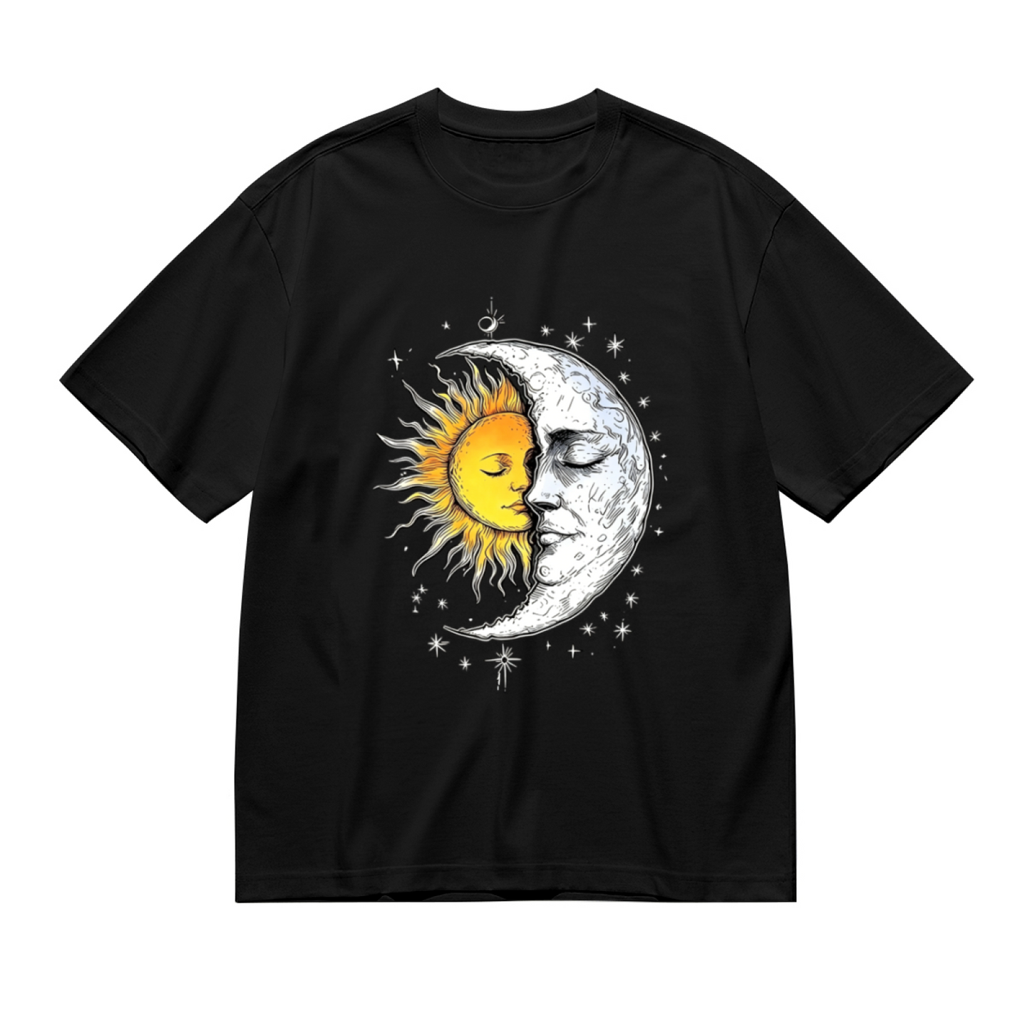 Aesthetic Sun Moon Face Cosmic Starry Sky Art Plus Size Black T-Shirt