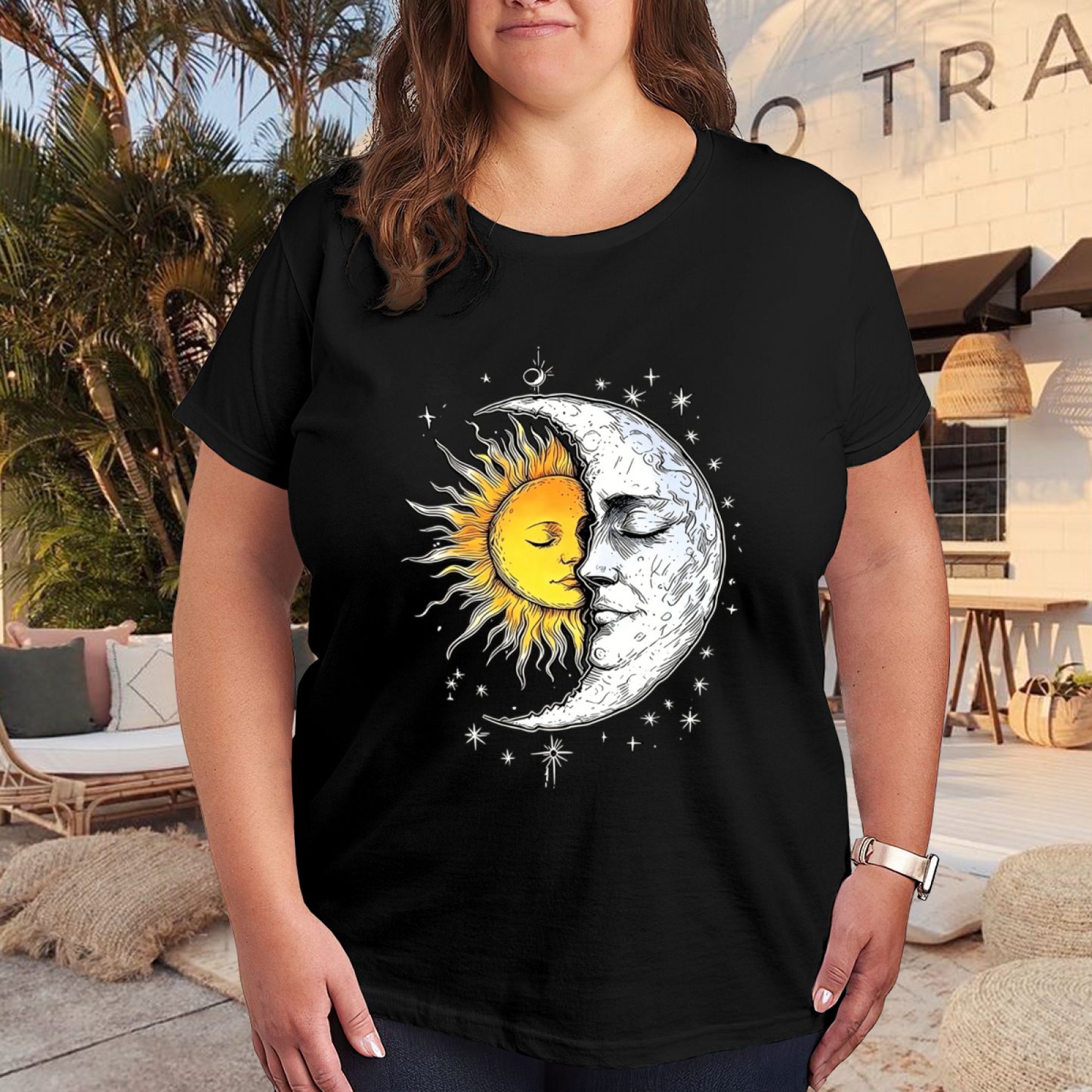 Aesthetic Sun Moon Face Cosmic Starry Sky Art Plus Size Black T-Shirt