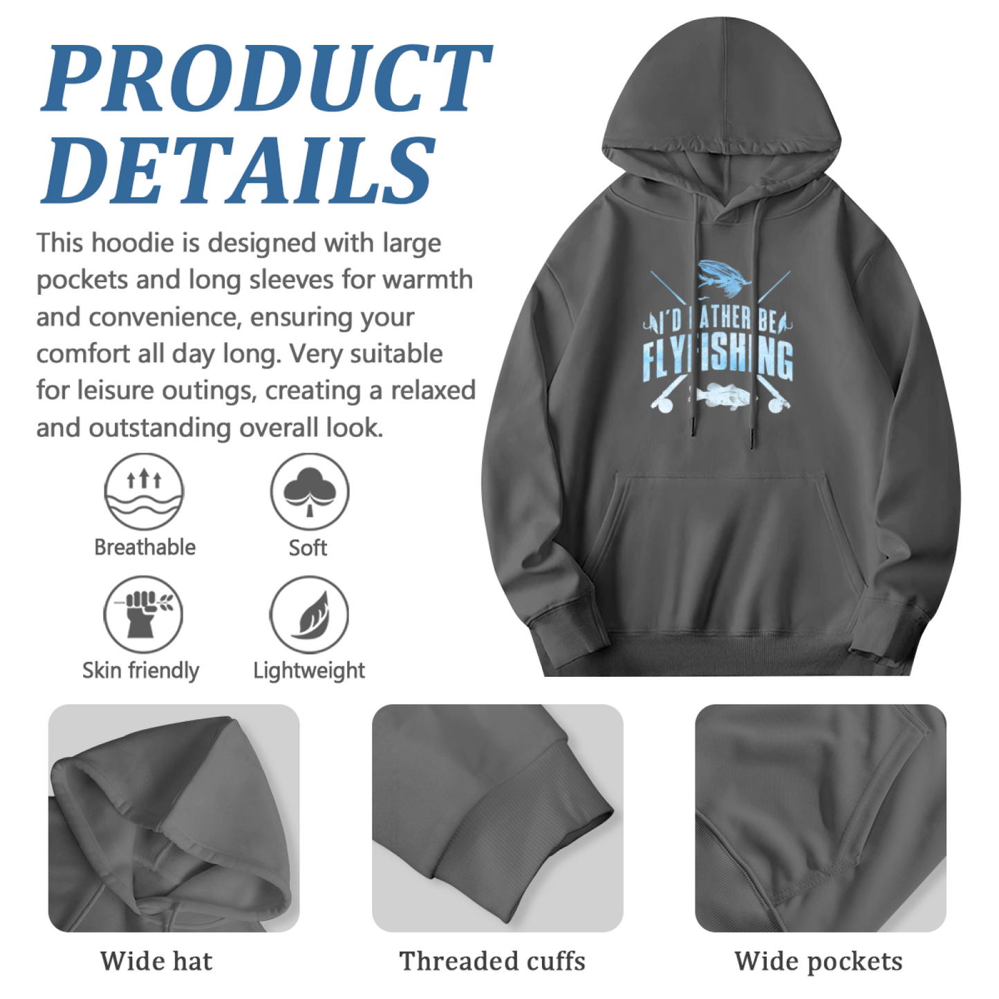 I¡¯d Rather Be Fly Fishing Retro Gray Hoodie, Breathable Outdoor Comfort