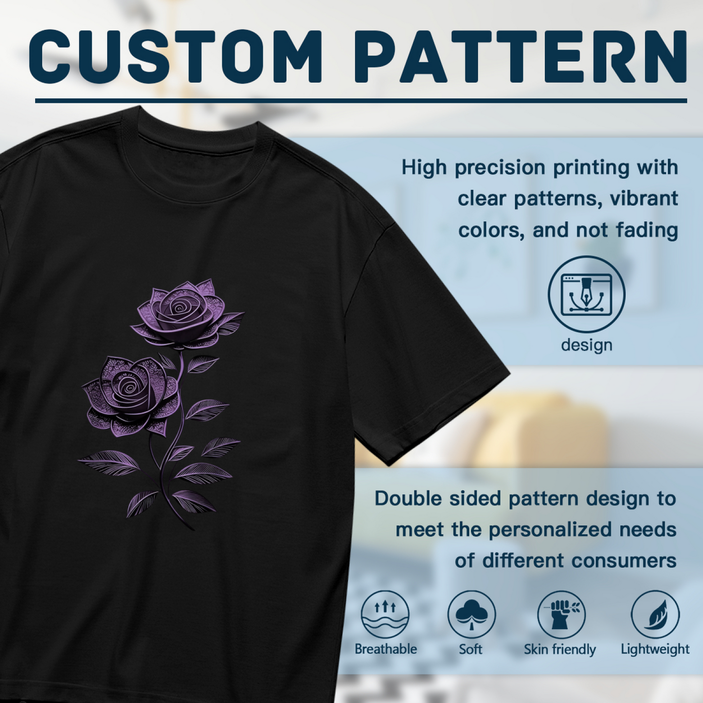 Delicate Lace Texture Purple Rose Dark Style Plus Size Women Printed T-Shirt