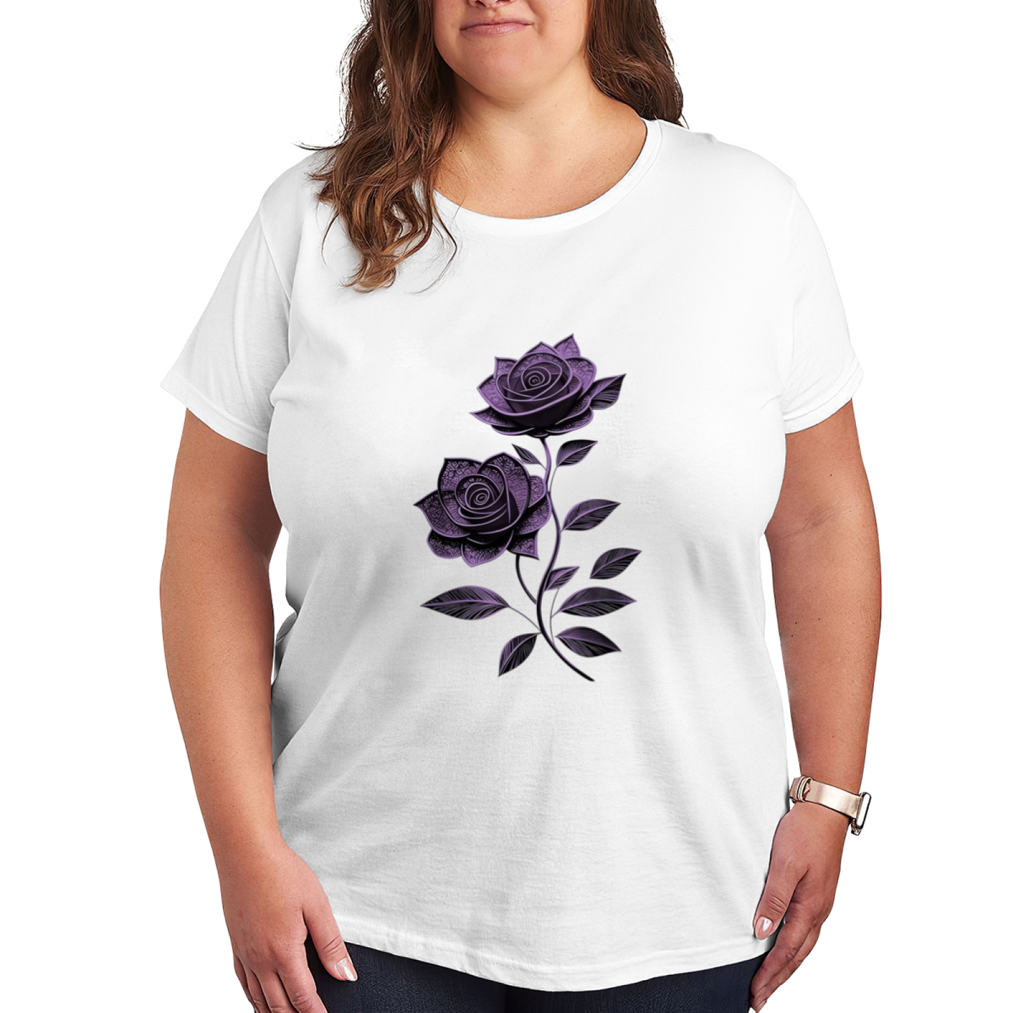 Delicate Lace Texture Purple Rose Dark Style Plus Size Women Printed T-Shirt