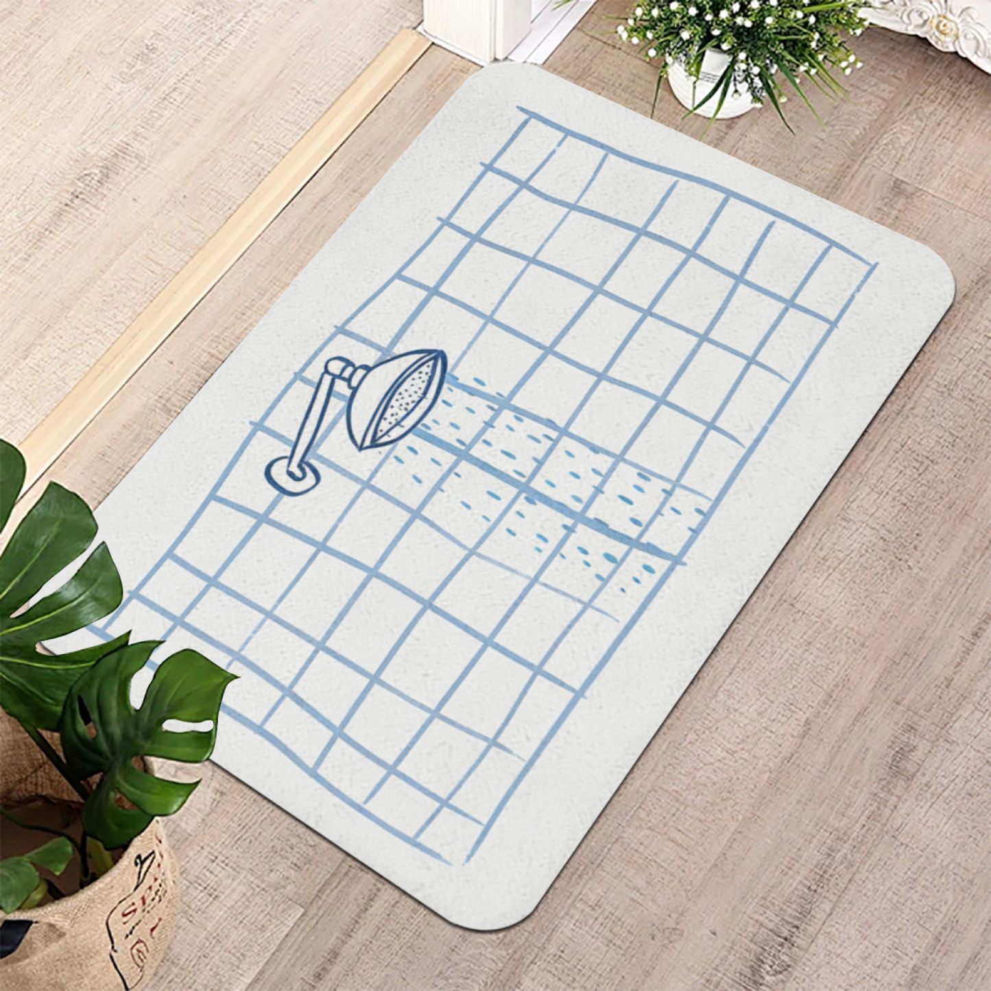 Hand Drawn Shower Head Grid Diatom Mat | Minimal Sketch Style Silicone Bathroom Rug